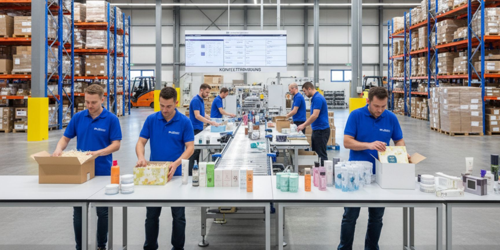 Several logistics employees in blue polo shirts carry out packaging work at long tables in a modern warehouse, packing products and assembling them into sets. In the background, high shelves with stored goods and a large screen with process information can be seen.